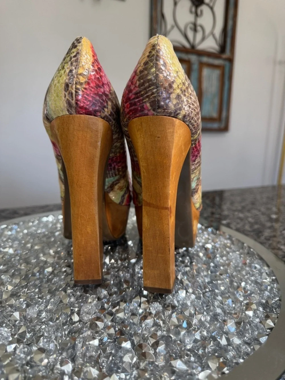 Zigi Soho Yellow Pink Green Multicolor Snakeskin wooden Platform Pumps 8.5 - 9